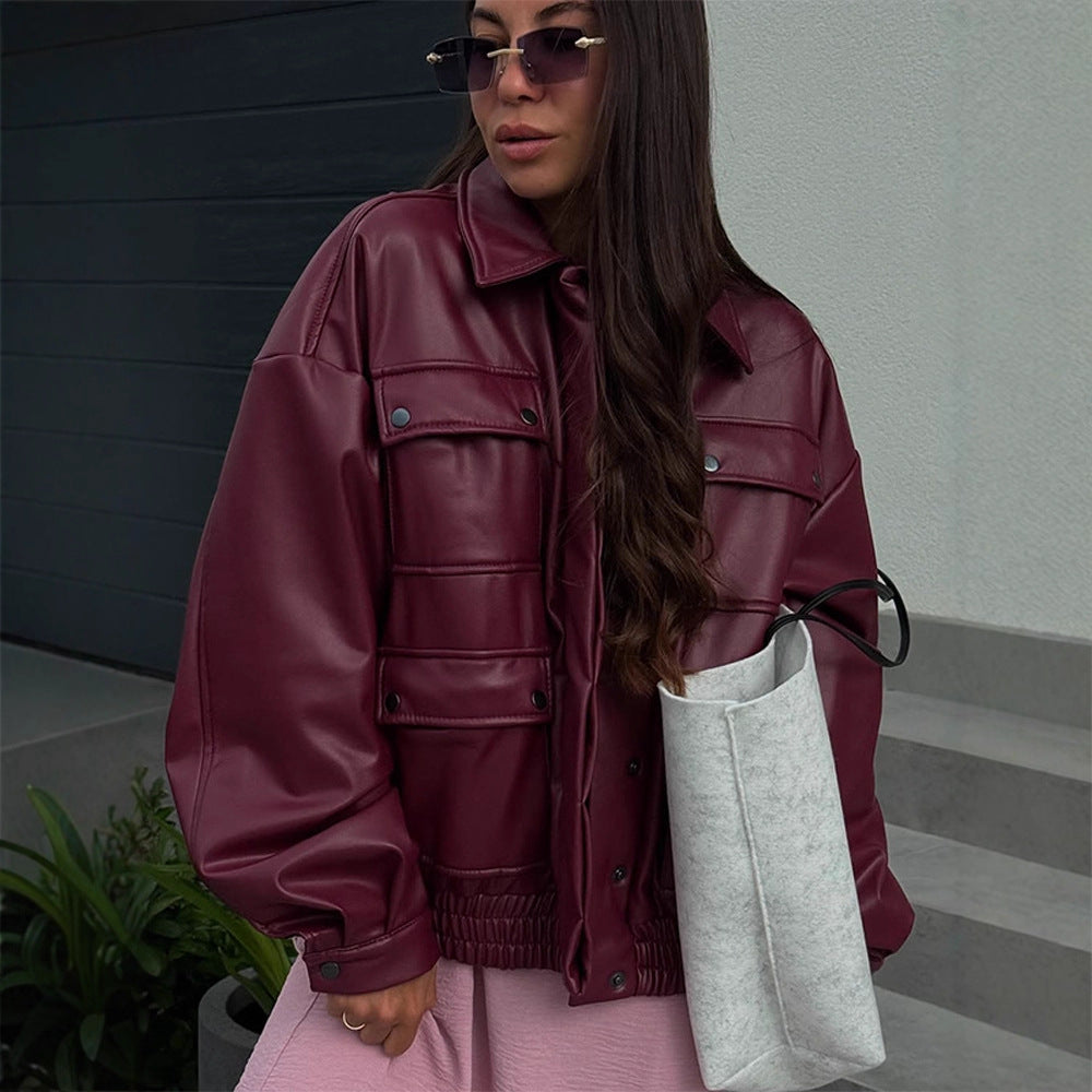 Damen oversized Kunstlederjacke mit funktionalen Taschen und elastischem Bund R&B