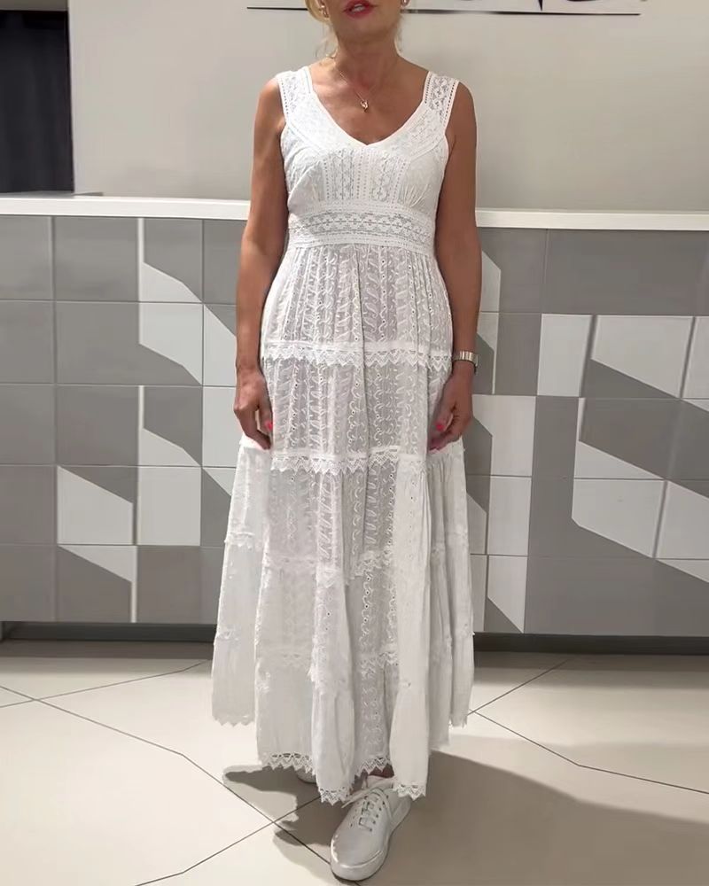 Damen nan ärmelloses Boho-Spitzen-Lagenmaxikleid mit V-Ausschnitt und Empire-Taille R&B