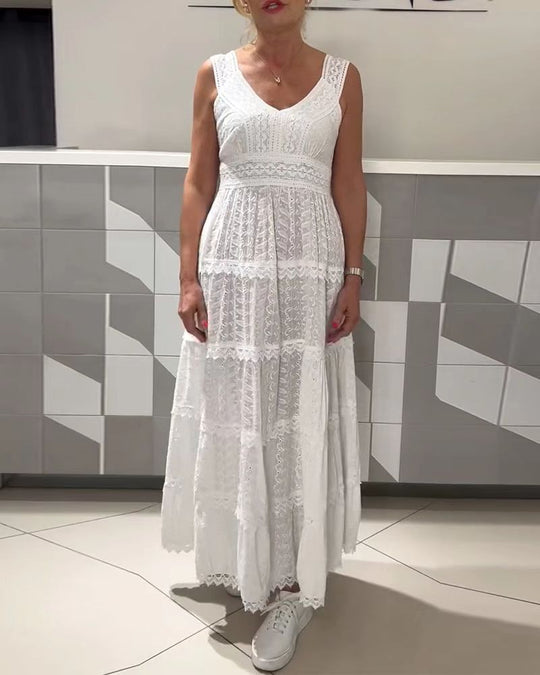 Damen nan ärmelloses Boho-Spitzen-Lagenmaxikleid mit V-Ausschnitt und Empire-Taille R&B