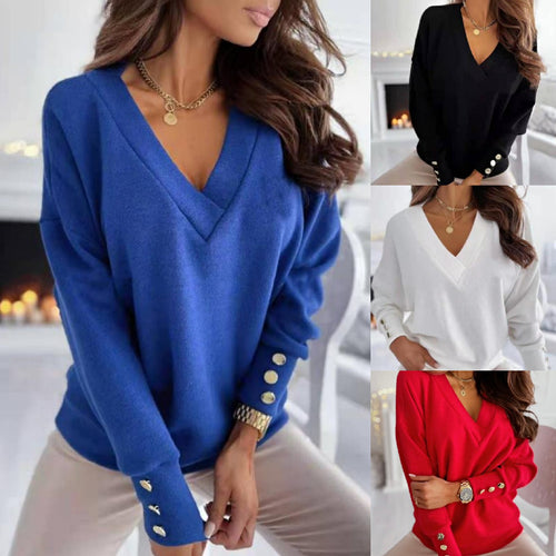 Damen lässiger V-Ausschnitt Pullover mit weiten Ärmeln und weichem Stoff R&B