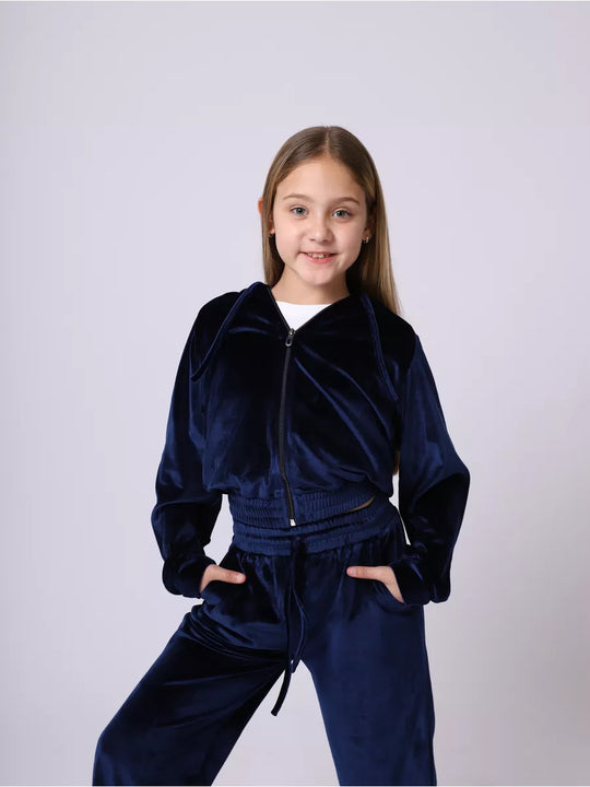 Damen samtiges Freizeit-Outfit mit Kapuze und elastischem Bund R&B