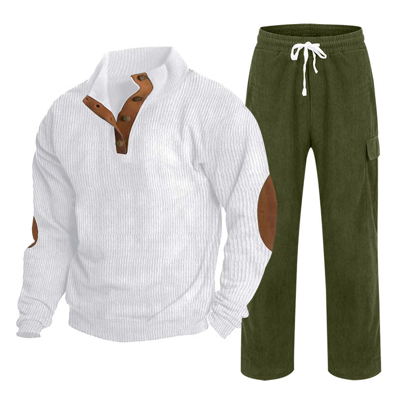 Herren nan Strick-Freizeitset mit Knopfleiste und Ellenbogenaufnähern sowie Cord-Cargohose R&B