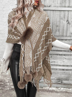 R&B | Cape Schal Cardigan Wolle Strick Übergröße Fransen Saum V-Ausschnitt Boho Stil