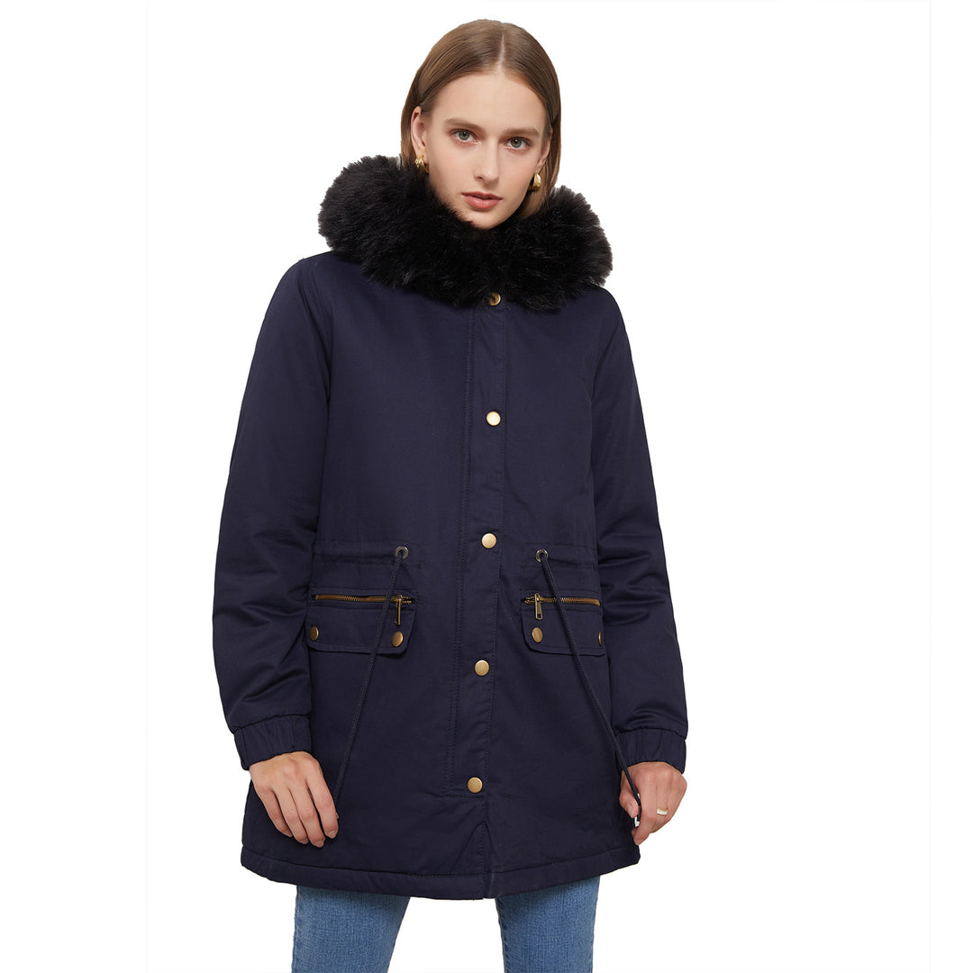 Damen isolierte Parka-Jacke mit abnehmbarem Kunstfellkragen und verstellbarem Taillenzug R&B