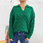 Damen Grobstrickpullover mit farbenfrohem Zopfdesign und klassischem Kragen R&B