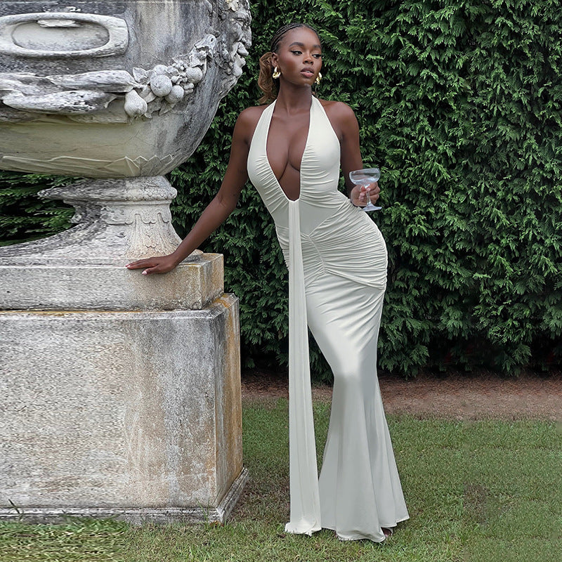Damen Elegantes Maxikleid mit raffinierten Drapierungen und tiefem V-Ausschnitt R&B