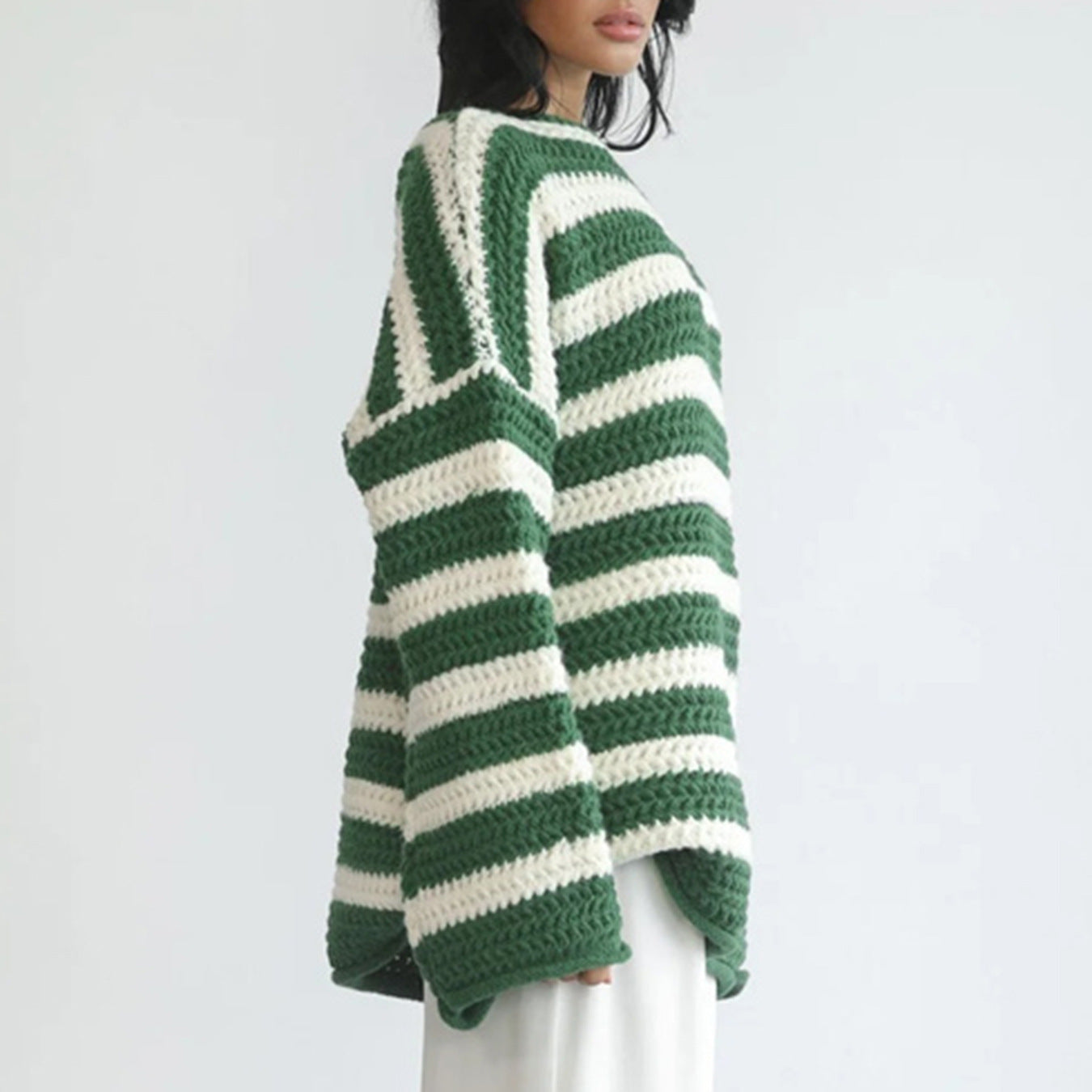 Damen gestreifter Grobstrickpullover mit lässigem Schnitt und weitem Arm R&B