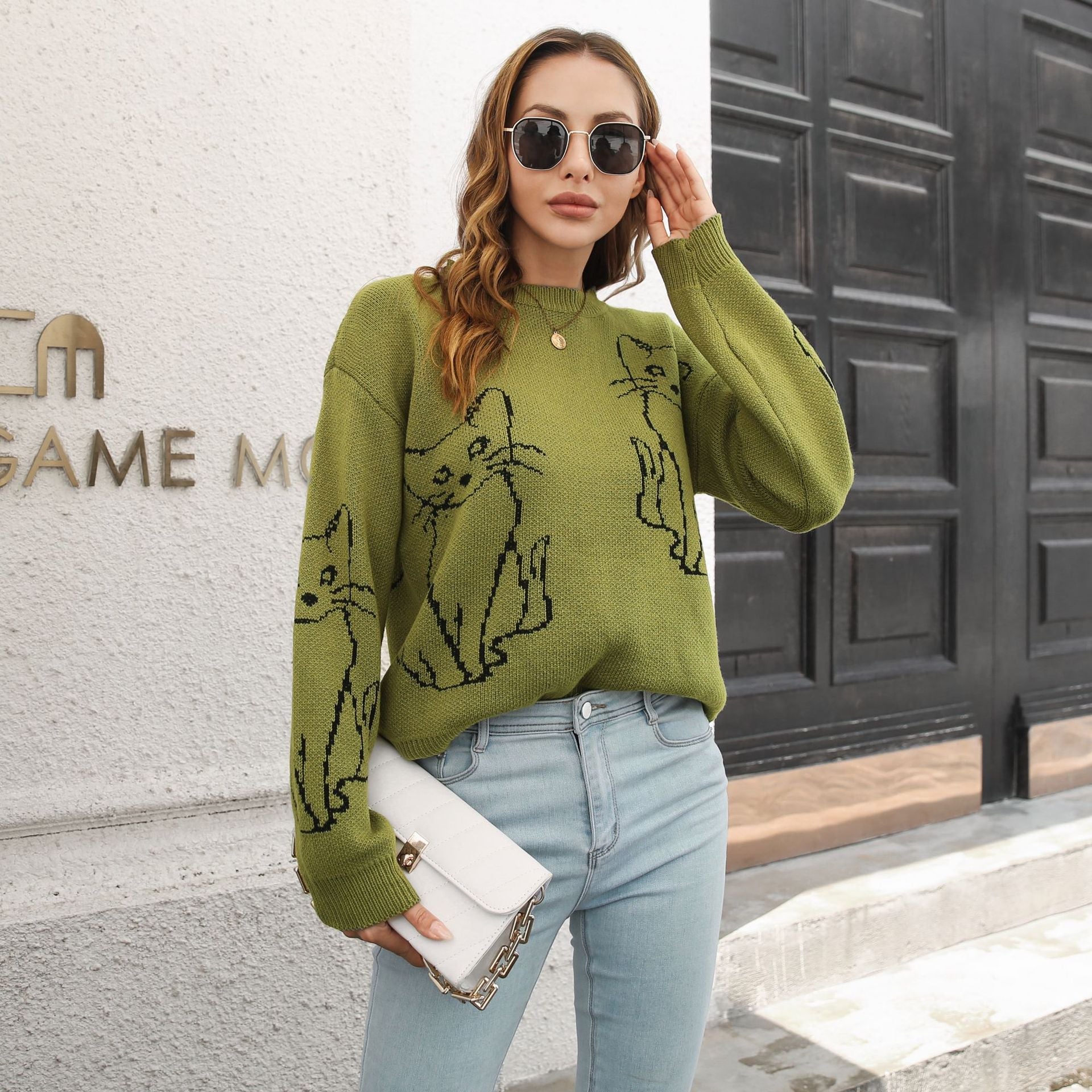Damen Strickpullover mit verspieltem Katzenmotiv und lässigem Schnitt R&B