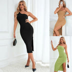 Damen figurbetontes Maxikleid mit asymmetrischem Ausschnitt und hohem Schlitz R&B