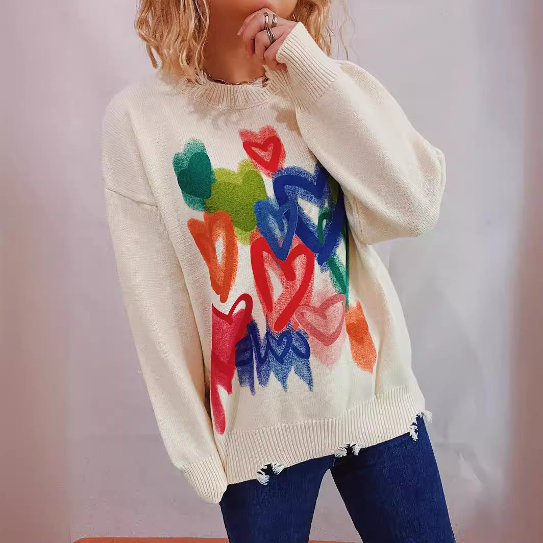Damen Freizeitpullover mit buntem Herzmotiv und lässigem Schnitt R&B