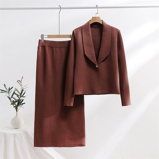 Damen elegantes Strickensemble mit Blazer und Midi-Rock R&B