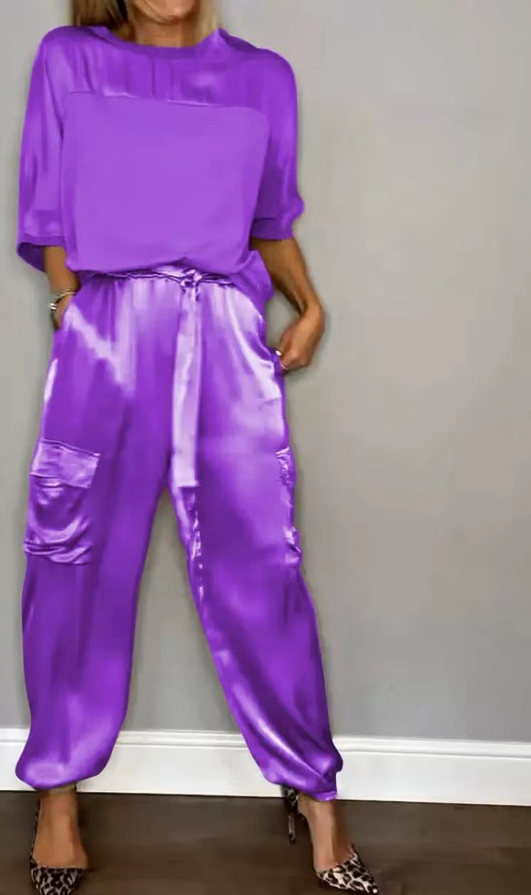 R&B | Solide Farbe glatt Satin Top zweiteilige Set für Frauen