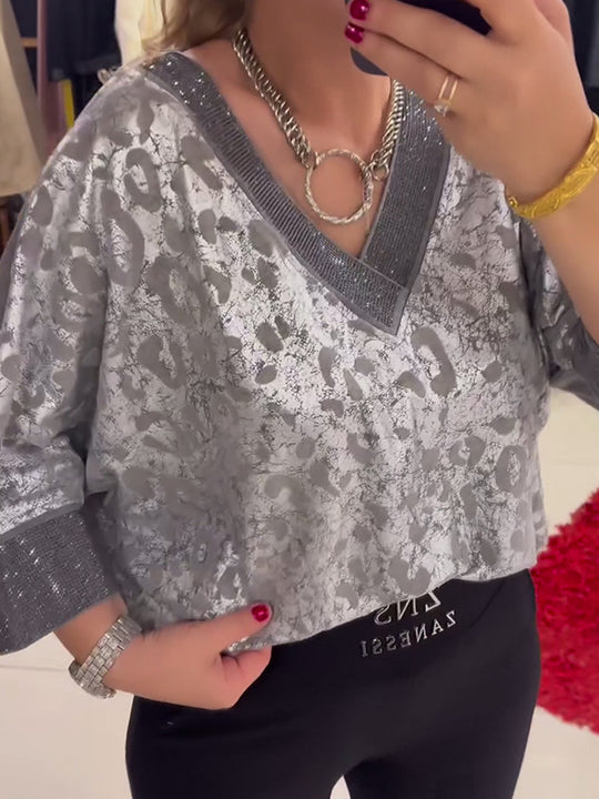 Damen Elegante Bluse mit schimmernden Akzenten und V-Ausschnitt Heidi-Mode