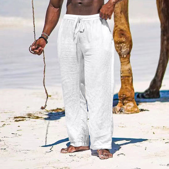 Herren lässige Strandhose aus leichtem Leinenstoff mit elastischem Bund und Kordelzug R&B
