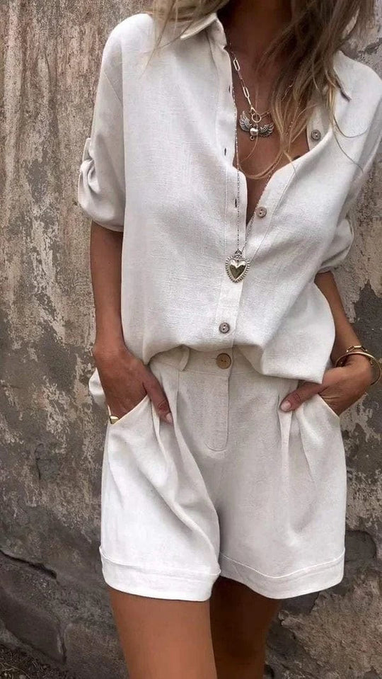 Damen Kurzoverall mit elegantem Hemdkragen und Taillengürtel R&B