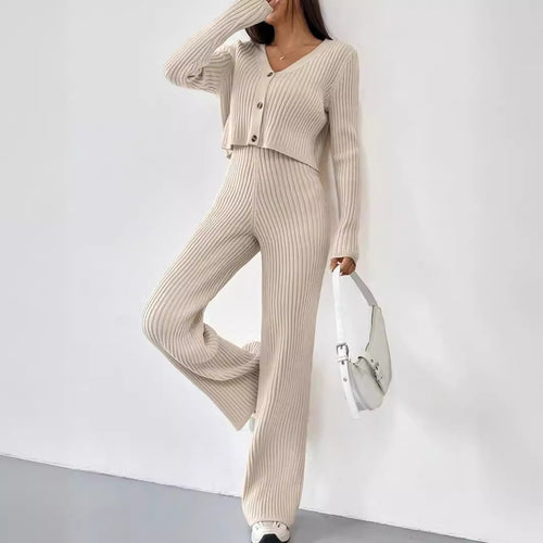 Damen Elegantes Strick-Lounge-Set mit V-Ausschnitt und hohen Bündchen R&B