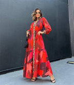 Damen Maxikleid mit Tiermuster und voluminösen Ärmeln R&B