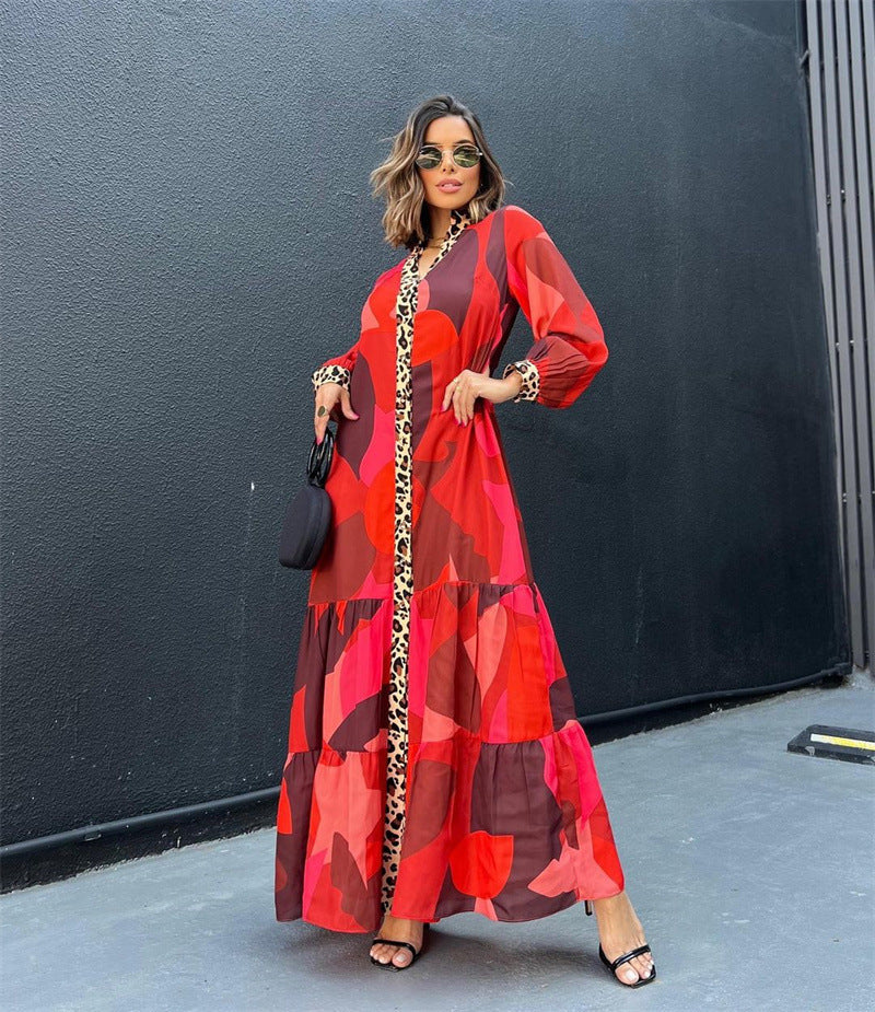 Damen Maxikleid mit Tiermuster und voluminösen Ärmeln R&B