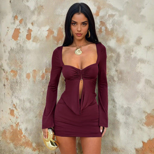 Damen figurbetontes Minikleid mit raffinierten Rüschendetails und elegantem Ausschnitt R&B