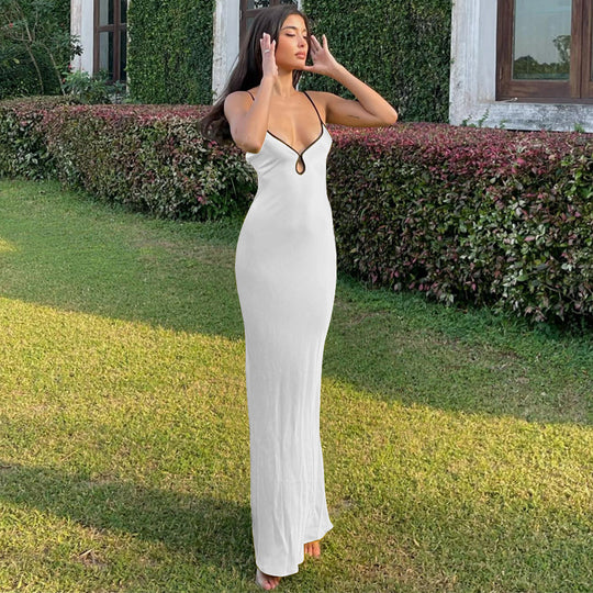 Damen Elegantes Satin-Maxikleid mit verstellbaren Spaghettiträgern und tiefem V-Ausschnitt R&B