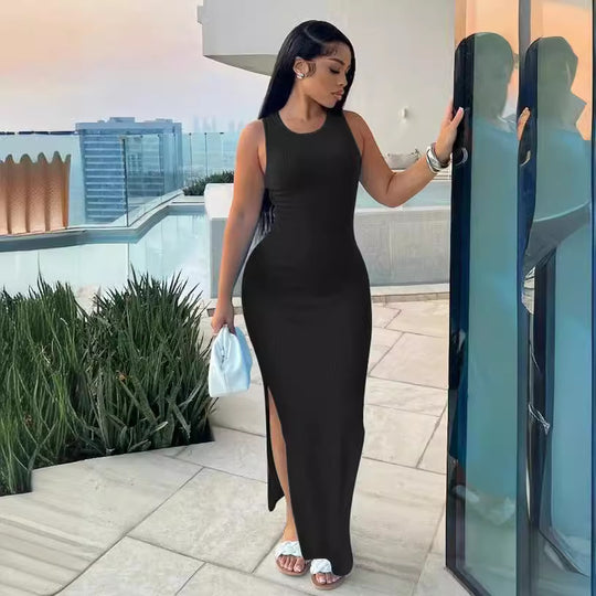 Damen elegantes Maxikleid mit hohem Schlitz und figurbetontem Schnitt R&B