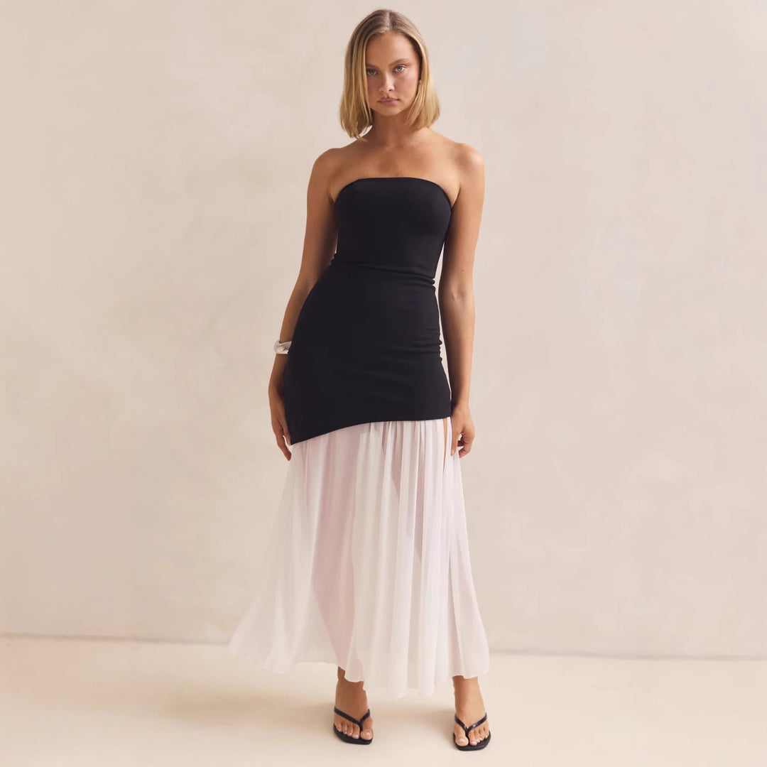 Damen Elegantes Bandeau-Maxi-Kleid mit fließendem Chiffon-Rock und figurbetontem Oberteil R&B