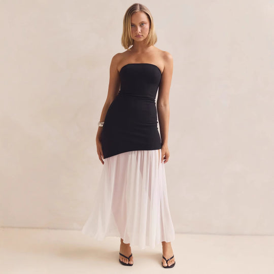 Damen Elegantes Bandeau-Maxi-Kleid mit fließendem Chiffon-Rock und figurbetontem Oberteil R&B
