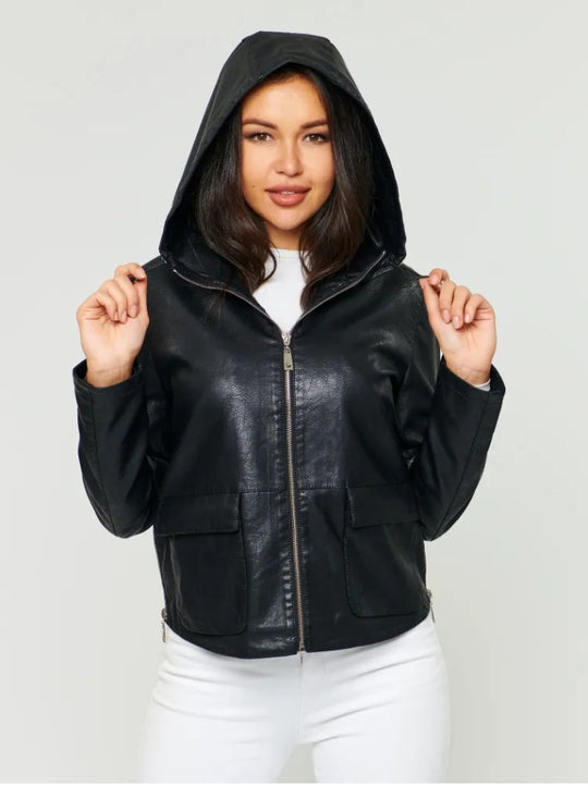 Damen Kunstlederjacke mit angeschnittenem Hoodie und praktischen Taschen R&B