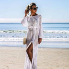 Damen Häkel-Strandkleid mit tiefem V-Ausschnitt und voluminösen Ärmeln R&B