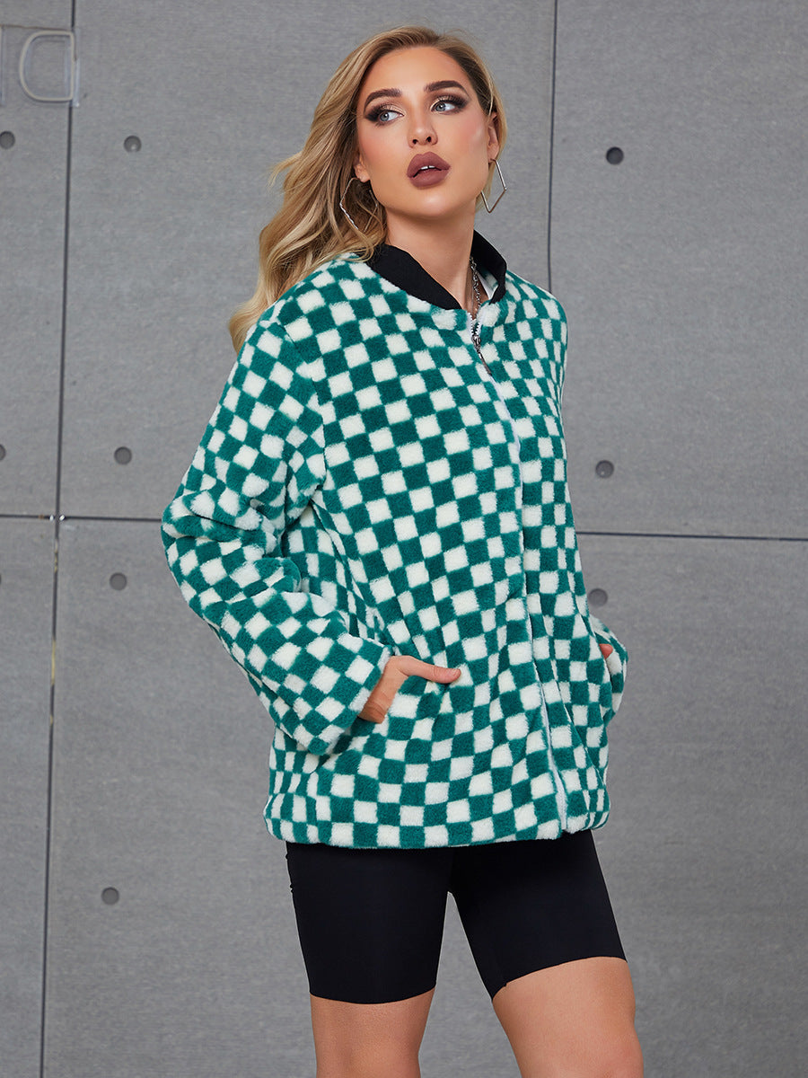 Damen Modische Kunstpelzjacke mit Karomuster und hohem Kragen R&B