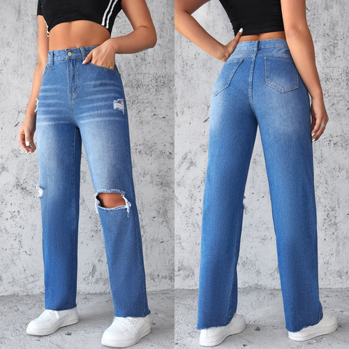 Damen Schlagjeans mit hohen Beinöffnungen und modischen Destroyed-Details R&B