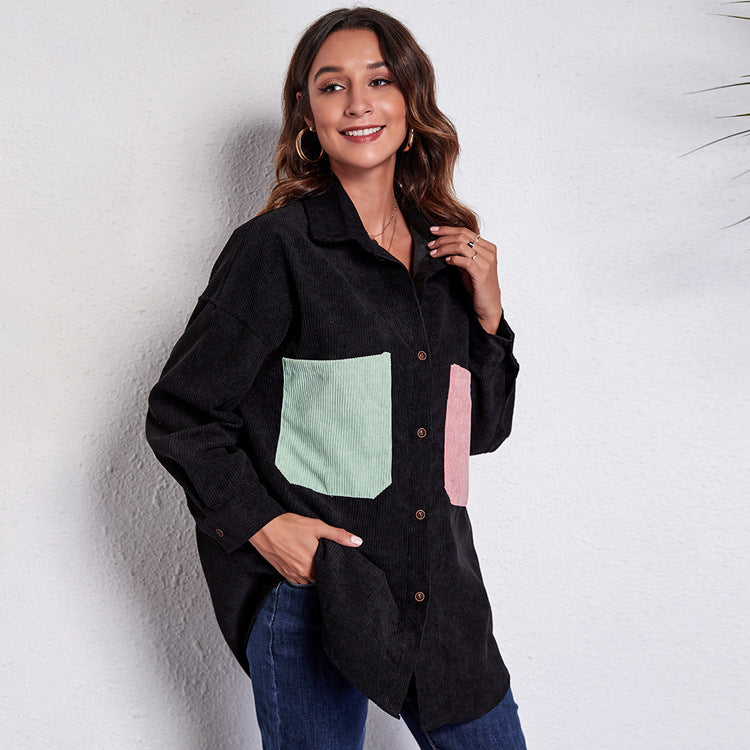 Damen Oversized Cordjacke mit bunten Taschen R&B