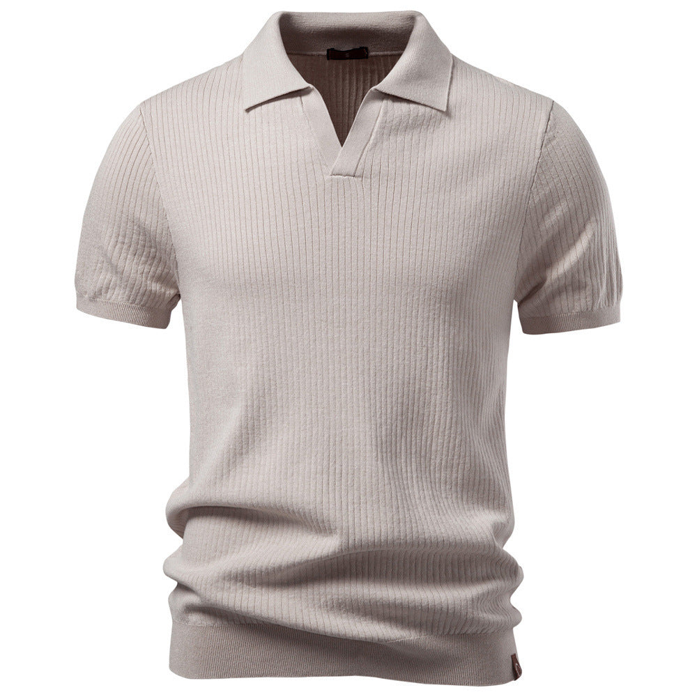 Herren nan fein geripptes Kurzarm-Poloshirt mit offenem Kentkragen R&B