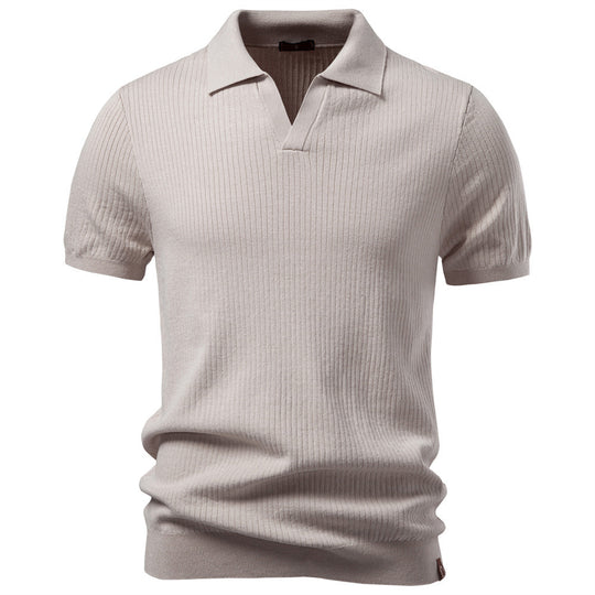 Herren nan fein geripptes Kurzarm-Poloshirt mit offenem Kentkragen R&B