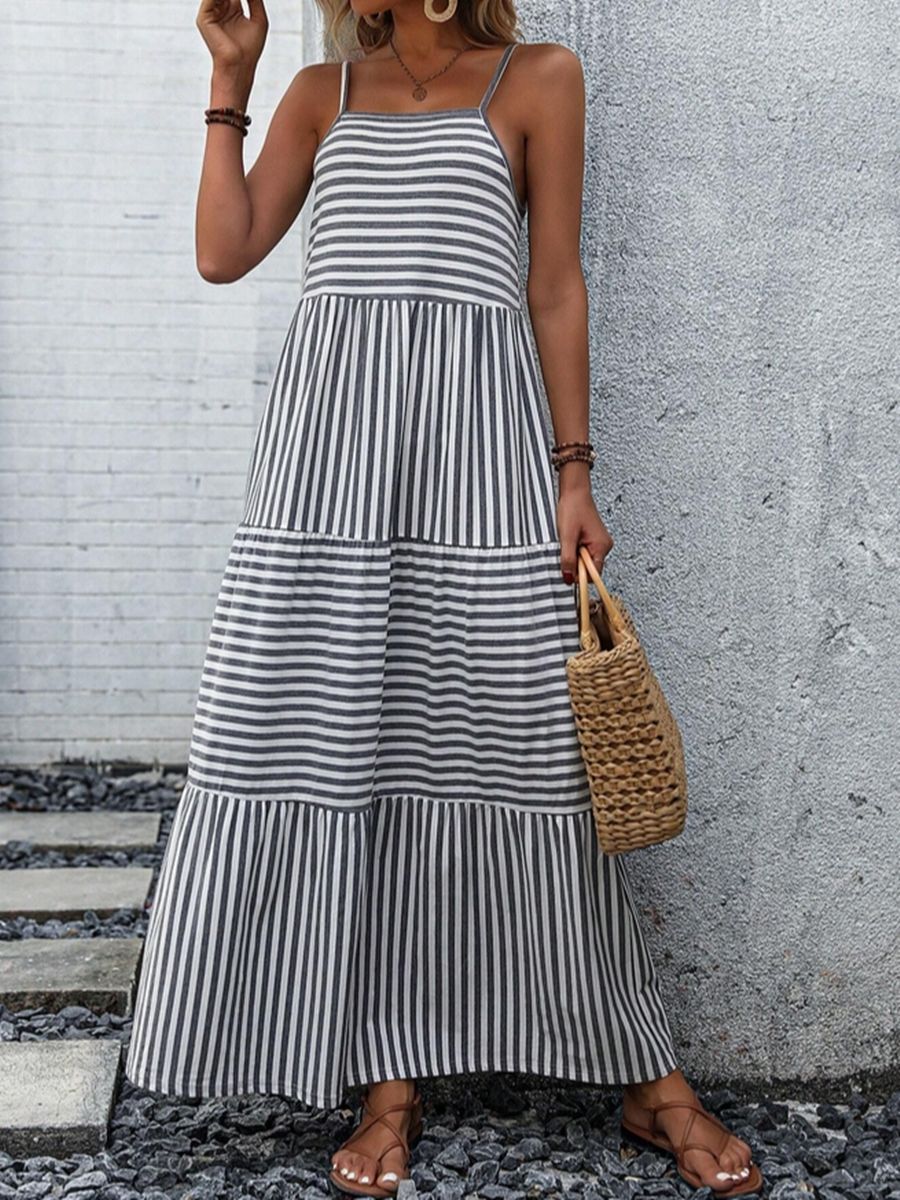 Damen Maxikleid mit schmalen Trägern und gestreiftem Design R&B