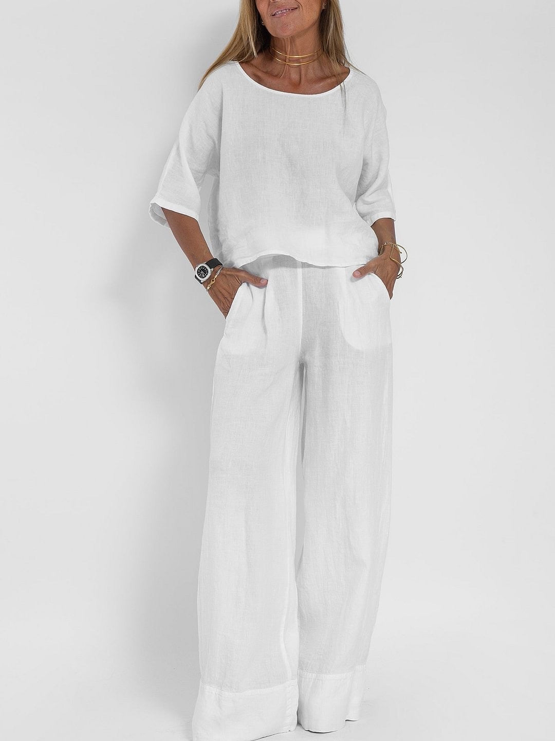 Damen lässiges Leinen-Set mit weitem Oberteil und palazzo Hosen R&B