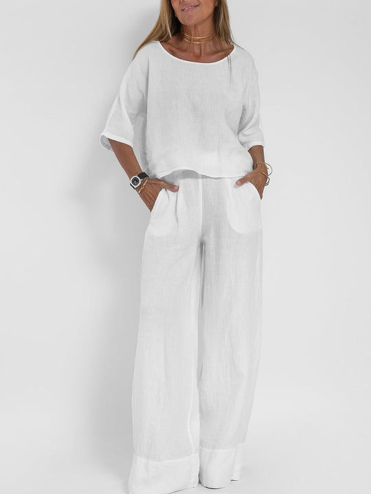 Damen lässiges Leinen-Set mit weitem Oberteil und palazzo Hosen R&B