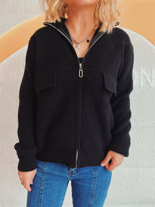 Damen lässige Strickjacke mit praktischen Taschen und hohem Kragen R&B