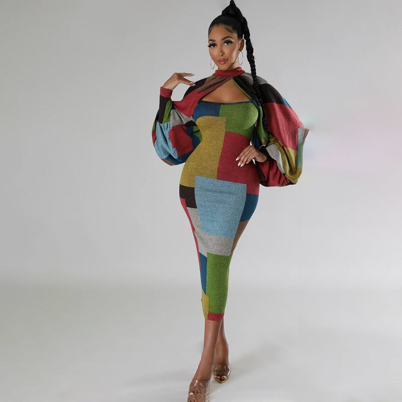 Damen Langarm-Kleid mit geometrischem Schnitt und voluminösen Ärmeln R&B