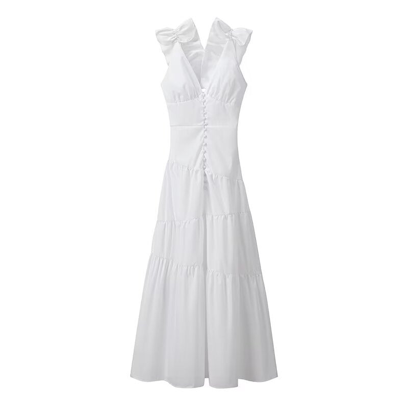 Damen Maxikleid mit schwingendem Rüschendesign und elegantem V-Ausschnitt R&B