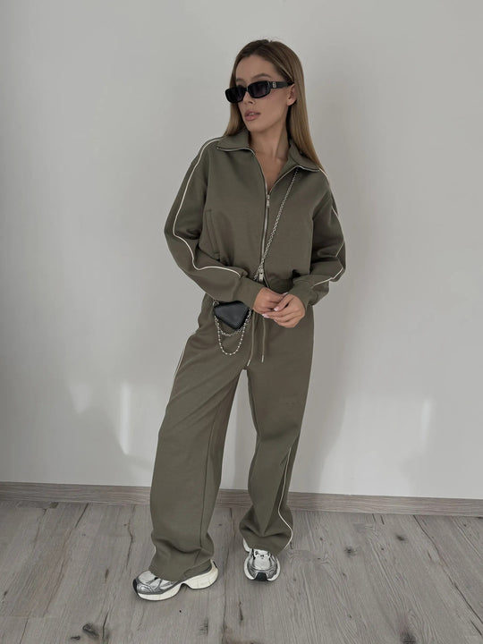 Damen sportliches Fleece-Set mit praktischen Reißverschlusstaschen und elegantem Schnitt R&B