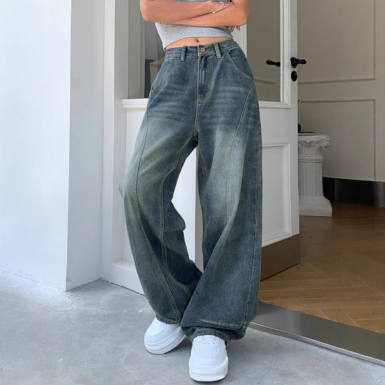 Damen Weite High-Waist Jeans mit markanten Steppnähten und weitem Schnitt R&B