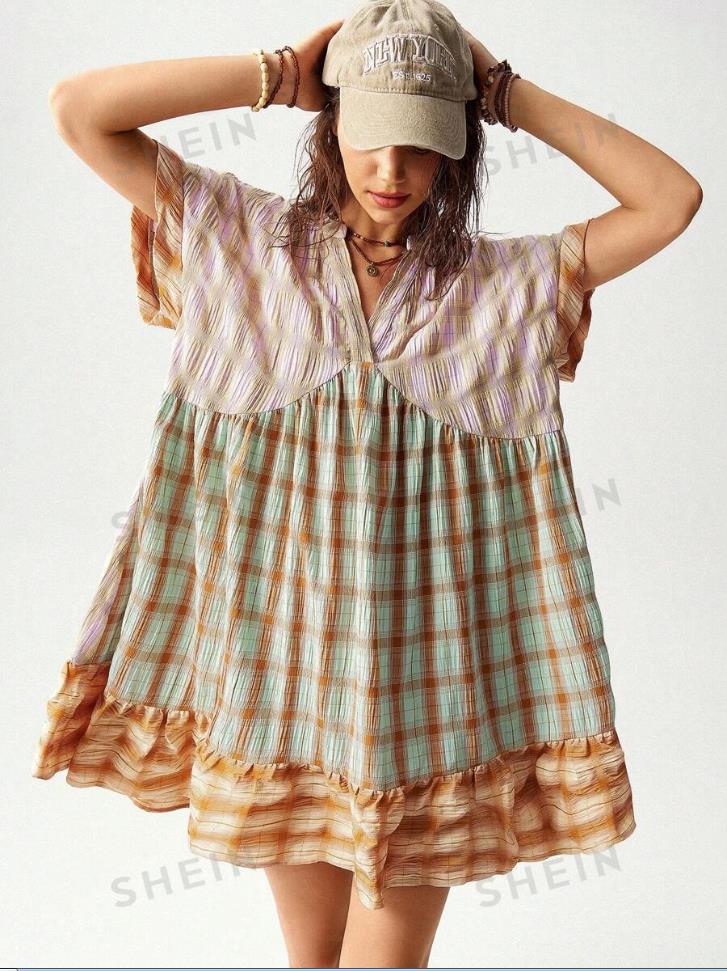 Damen lässiges Tunika-Kleid im karierter Muster mit voluminösem Saum R&B