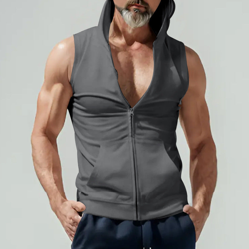 Herren ärmelloses Zip-Hoodie mit tiefem V-Ausschnitt und atmungsaktivem Material R&B