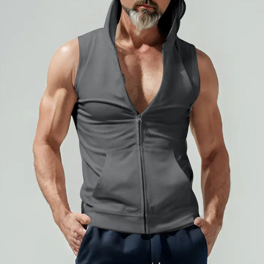 Herren ärmelloses Zip-Hoodie mit tiefem V-Ausschnitt und atmungsaktivem Material R&B