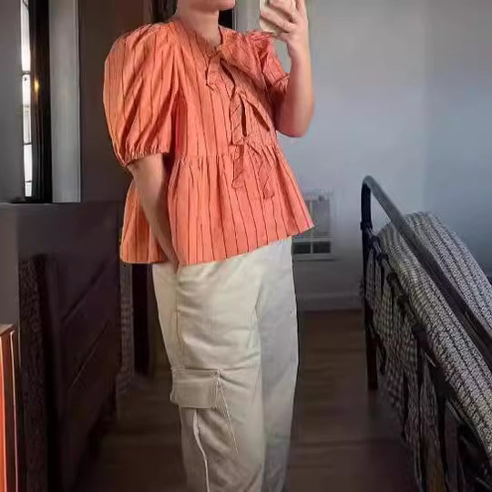 Damen Bluse mit Rüschen und Schleifenakzenten R&B