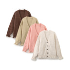 Damen lässige Strickjacke mit fransigem Saum und knöpfbarem Verschluss R&B