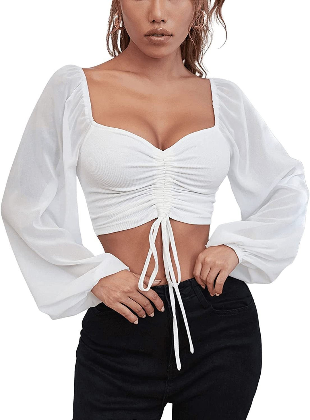 Damen Crop-Top mit strukturiertem Körper und eleganten Puffärmeln R&B
