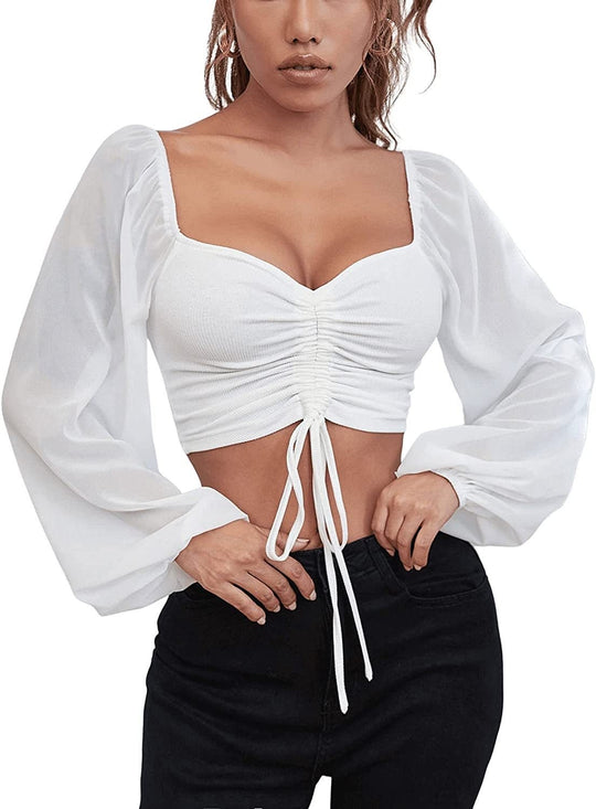 Damen Crop-Top mit strukturiertem Körper und eleganten Puffärmeln R&B