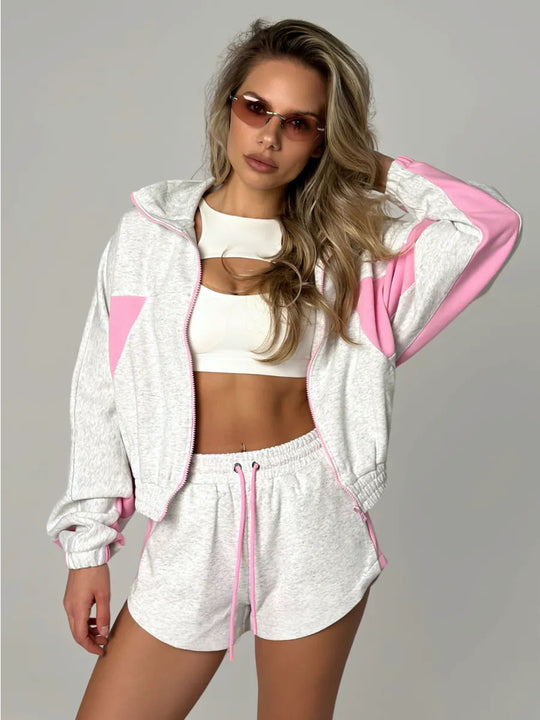 Damen Sportliches Kurzarm Trainingsoutfit mit Reißverschluss R&B